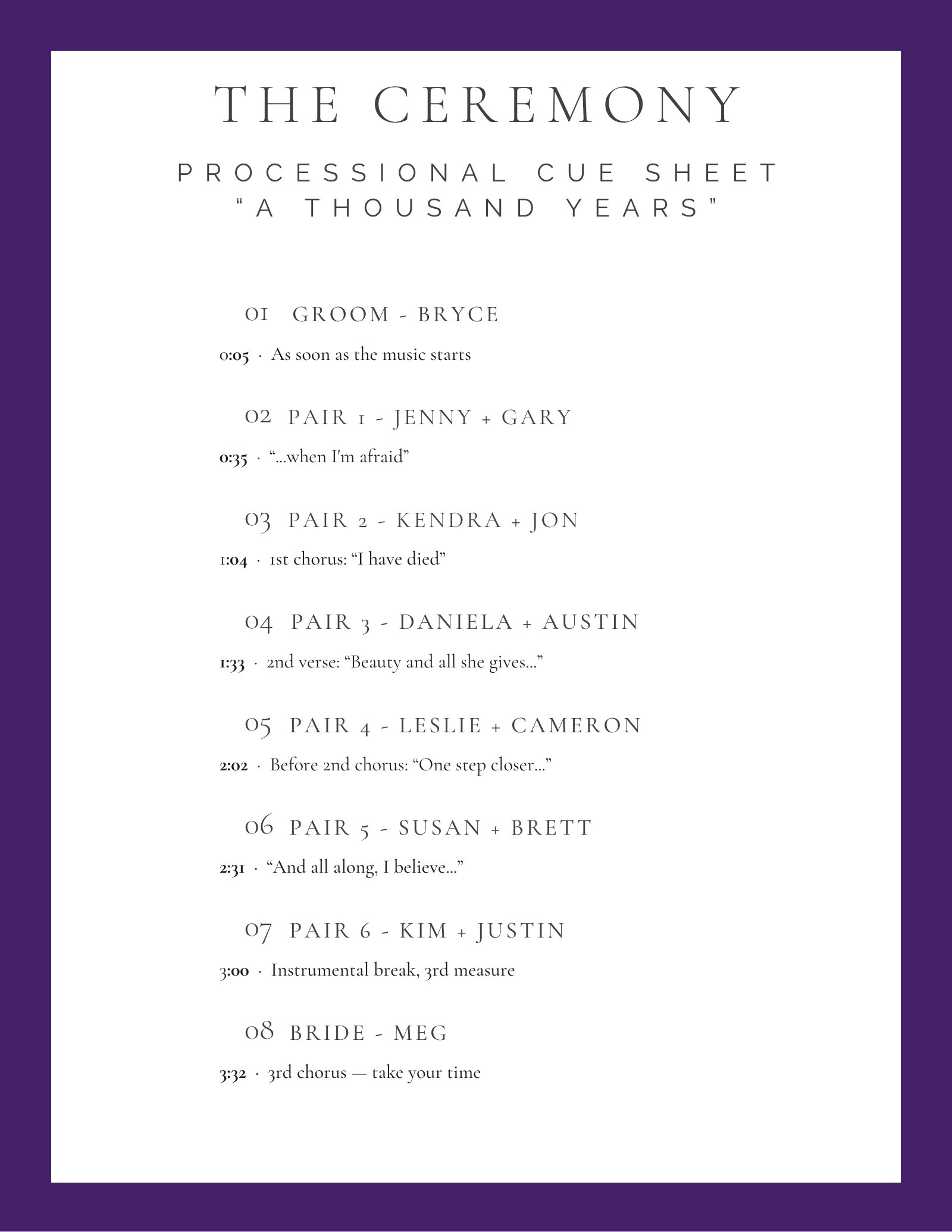 Processional cue sheet, A Thousand Years